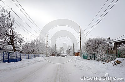 Beautiful rural landscape with field and frosty trees under the snowfall Stock Photo