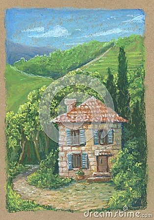 Beautiful rural quiet pleasant landscape, painted on kraft paper with pastels. Landscape of the cottage against the backdrop of Stock Photo