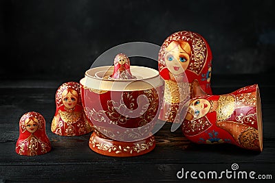 Beautiful Russian traditional nesting dolls matreshka on rustic background Stock Photo