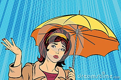 Beautiful sad girl in rain with umbrella, bad weather Vector Illustration