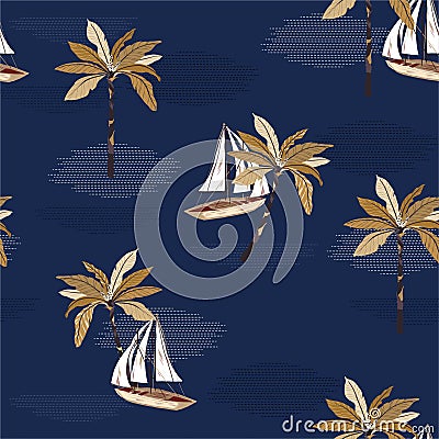 Beautiful sailboat ,palm tree on the modern wave sea ocean vector seamless pattern background s tropical mood vector,Design for Vector Illustration