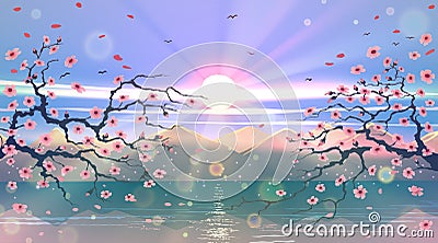 Beautiful sakura branches with pink flowers over blue sky, sunset and green water, island with mountains. Nice Japanese art Vector Illustration