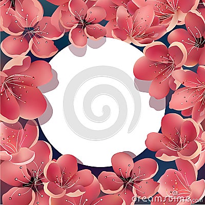 Beautiful Sakura Floral Template with White Round Frame. For Greeting Cards, Invitations, Announcements. Vector Illustration