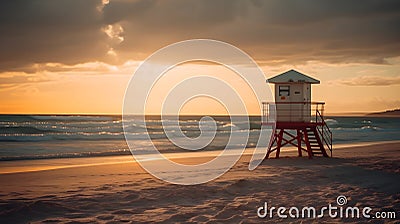 A beautiful sandy beach with evening golden hour sunset, and lifeguard tower, cloudy sky, good for background and backdrops. Stock Photo