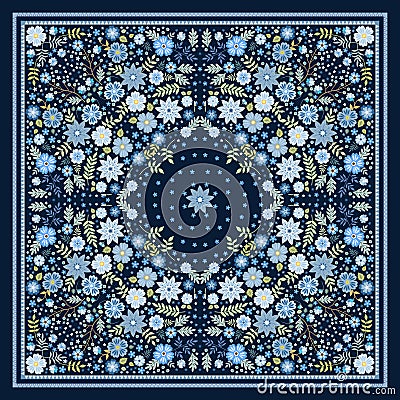 Beautiful scarf with blue flowers. Lovely tablecloth. Bandana print. Pillowcase. Print for fabric. Kerchief square design pattern Vector Illustration