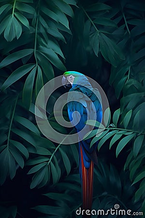 Beautiful Scarlet macaw (Ara ararauna) in the jungle Cartoon Illustration