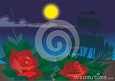 Beautiful scarlet roses against the background of the night sky and the big moon. Red rose in evening light Stock Photo
