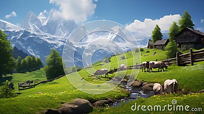 Beautiful scene in the Alps with cows and a mountain lodge in the spring Stock Photo