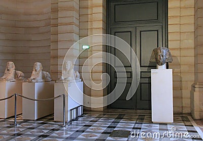 Beautiful scene of Egyptian artifacts in one of many hallways,The Louvre,Paris,2016 Editorial Stock Photo