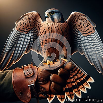 Beautiful scene of a falcon seated on falconer's gloved hand Stock Photo