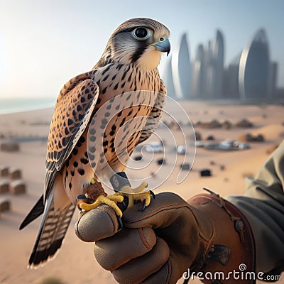 Beautiful scene of a falcon seated on falconer's gloved hand Stock Photo
