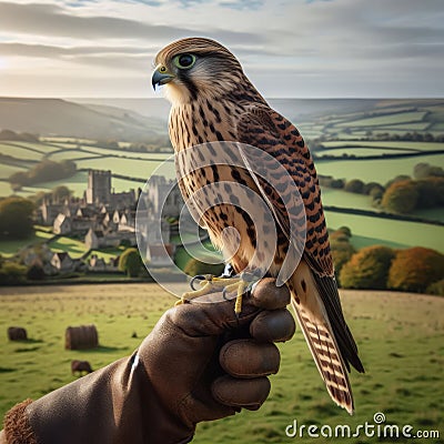 Beautiful scene of a falcon seated on falconer's gloved hand Stock Photo