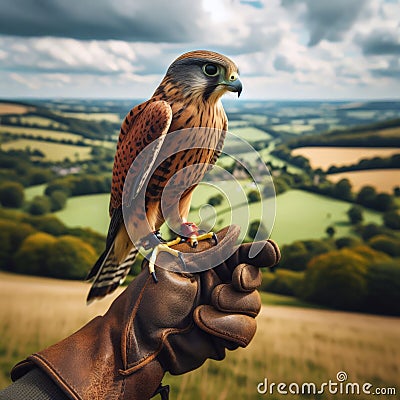 Beautiful scene of a falcon seated on falconer's gloved hand Stock Photo