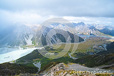 Beautiful scene green nature and rocky mountain with glacier over the Mt Cook National park (Muller hut track) I Stock Photo