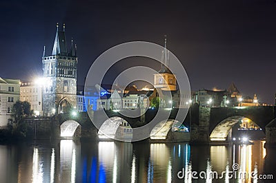Old Town from across the Vltava River at night Editorial Stock Photo