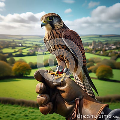 Beautiful scene of a falcon seated on falconer's gloved hand Stock Photo