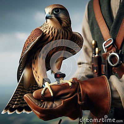 Beautiful scene of a falcon seated on falconer's gloved hand Stock Photo