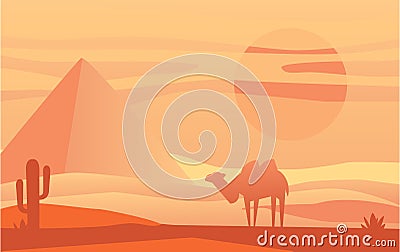 Beautiful scene of nature, peaceful desert landscape with camel at evening time, template for banner, poster, magazine Vector Illustration