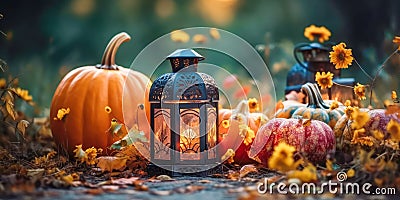 Beautiful scene with vintage lantern in autumn background. Stock Photo