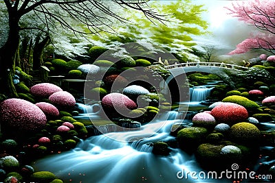 a beautiful scene for wallpaper where a stream runs through the garden with a small bridge going over it. Stock Photo