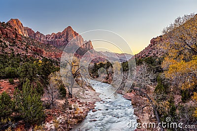 Beautiful scene of Zion National Park , The watchman at sunset, Stock Photo