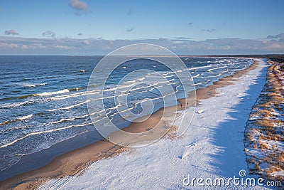 Beautiful scenery of Baltic Sea beach in Sobieszewo at snowy winter, Poland Stock Photo