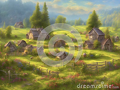 Beautiful scenery of farm houses and pretty countryside Stock Photo
