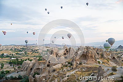 beautiful scenery flight of balloons in the mountains of Cappadocia Stock Photo