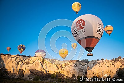 beautiful scenery flight of balloons in the mountains of Cappadocia Editorial Stock Photo