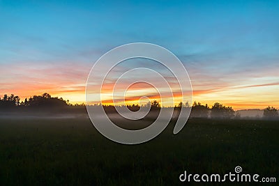 Beautiful scenery of foggy grass field in the break of dawn Stock Photo