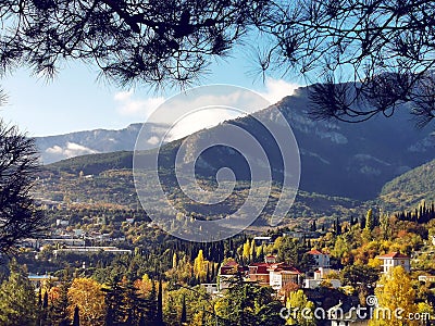 Beautiful scenery Italy. Mountain valley landscape outdoor autumn yellow trees. Cypress and pines countryside panorama Stock Photo