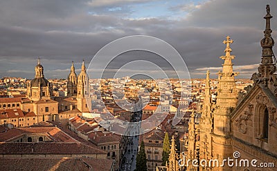 Beautiful scenery of Salamanca from new Cathedral`s roof during a cloudy weather Stock Photo