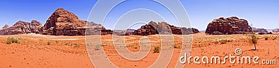 Beautiful Scenery Scenic Panoramic View Red Sand Desert and Ancient Sandstone Mountains Landscape in Wadi Rum, Jordan Stock Photo