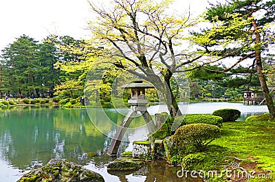 Scenic Traditional Japanese Garden Kenrokuen in Kanazawa, Japan in Summer Stock Photo