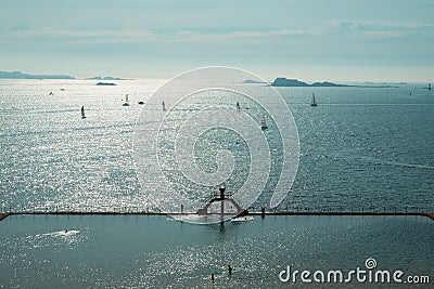 Beautiful scenery of sea water swimming pool at Plage du Bon Secours on late afternoon, St-Malo landmark, Brittany, France Stock Photo