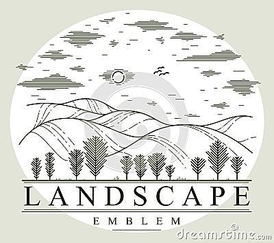 Beautiful scenic grasslands and trees vector linear emblem isolated on white, outdoor hiking camping ant travel active lifestyle Vector Illustration