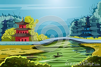 Beautiful scenic landscape of rural China Vector Illustration