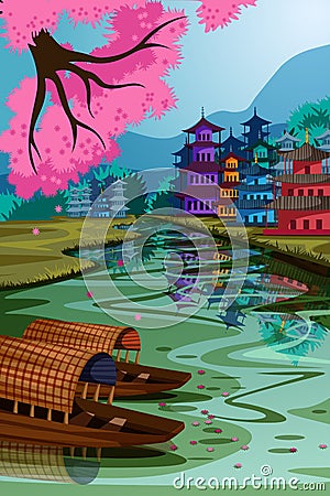 Beautiful scenic landscape of rural China Vector Illustration