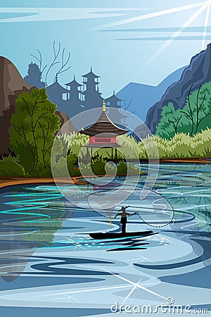 Beautiful scenic landscape of rural China Vector Illustration