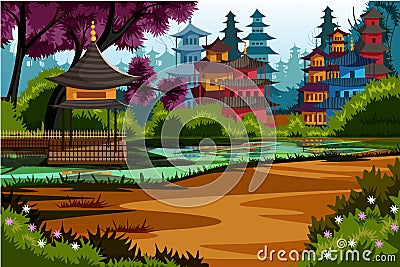 Beautiful scenic landscape of rural China Vector Illustration