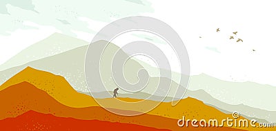 Beautiful scenic nature landscape with traveler pilgrim vector illustration autumn season with grasslands meadows hills and Vector Illustration