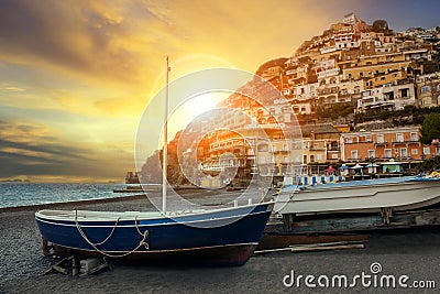 Beautiful scenic of positano beach sorrento town south italy imp Stock Photo