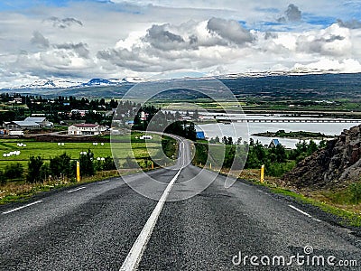 Road and mountain landscape of north Iceland Stock Photo