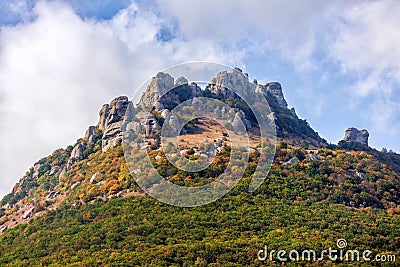 Beautiful scenic sunny landscape of Yuzhnaya Demerdzhi rocky mountain in Crimea called Dolina Privideniy, or Ghost Valley Stock Photo
