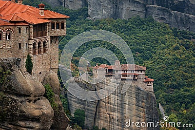 Beautiful scenic view, Holy Orthodox Monastery of Rousanou St. Barbara and Varlaam Stock Photo