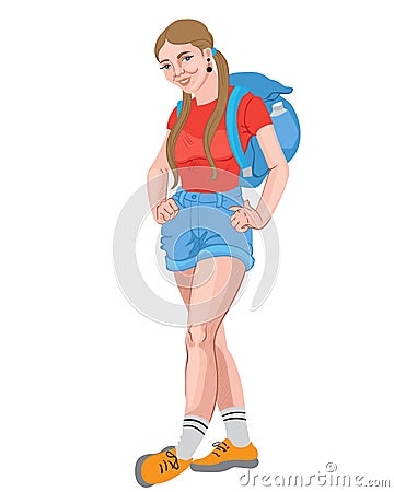 Beautiful school girl with colorful outfit and pigtails smiling and walking Vector Illustration