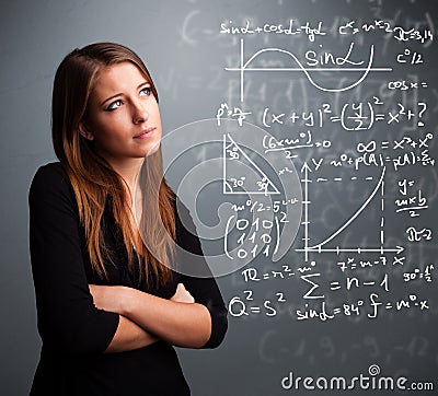 Beautiful school girl thinking about complex mathematical signs Stock Photo