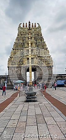 Beautiful sculpture of Belur temple with lots of visitors in Karnataka Editorial Stock Photo