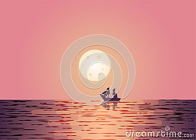 Beautiful sea background landscape at dusk light pink-orange tone There was a sailboat sailing in the middle of the sea in front Vector Illustration