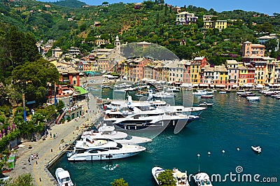 Beautiful sea coast with colorful houses of Portofino. Summer sight of typical italian landscape. Portofino, Ligurian Riviera Stock Photo